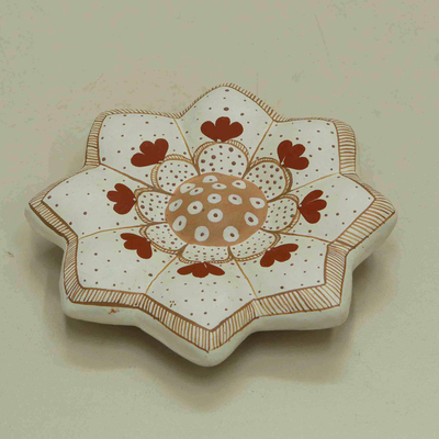 Ceramic wall art, 'Flourishing Morning' - Hand-Painted Floral Ivory and Brown Ceramic Wall Art