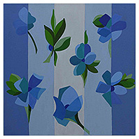 'Blue Petals' - Signed Stretched Acrylic Naif Painting of Blue Flowers