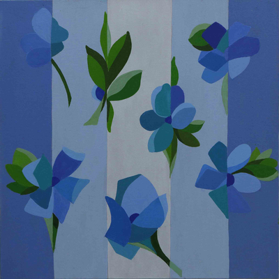 'Blue Petals' - Signiertes, gespanntes Acryl-Naif-Gemälde mit blauen Blumen