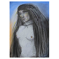 'Seducción' - Dibujo de grafito firmado de mujer desnuda en tonos grises y azules