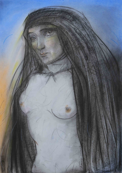 'Seduction' - Dibujo de mujer desnuda en grafito firmado en tonos grises y azules