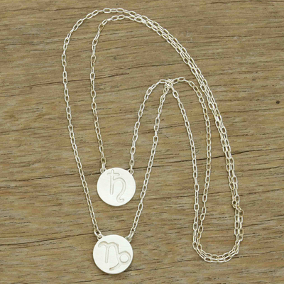 Malachite double pendant necklace, 'Celebrating Capricorn' - Capricorn Sterling Silver Malachite Double Pendant Necklace