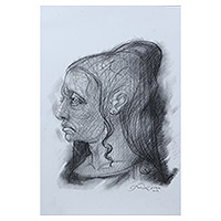 'Retrato imaginario' - Dibujo de mujer en grafito firmado en tonos grises y negros