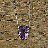 Amethyst pendant necklace, 'Oval Mysticism' - 8-Carat Faceted Amethyst Pendant Necklace from Brazil
