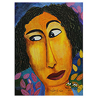„Eine misstrauische“ – signiertes, gespanntes, farbenfrohes Naif-Acrylgemälde einer Frau