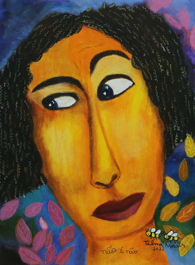 'A Desconfiado' - Pintura acrílica naif colorida estirada firmada de mujer