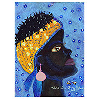 'Flores de empoderamiento' - Pintura acrílica naif azul y amarilla de una mujer inspiradora