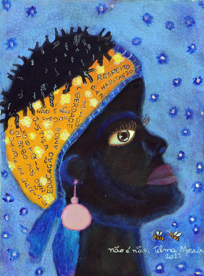 'Empowerment Flowers' - Blaues und gelbes Naif-Acrylgemälde einer inspirierenden Frau