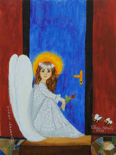 'Waiting for You' - Naif Acrylic Portrait of Angel with Flowers Made in Brazil