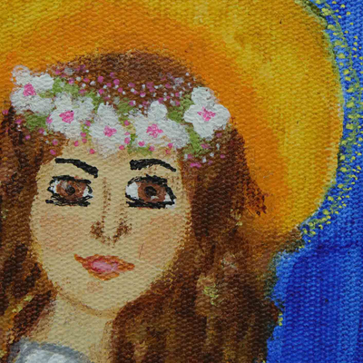'Waiting for You' - Naif Acrylic Portrait of Angel with Flowers Made in Brazil