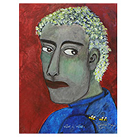 'Mr. Regretful' - Signed Vibrant Naif Acrylic Painting of Mysterious Man