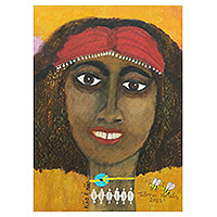 'A Woman' - Stretched Signed Warm Naif Acrylic Painting of Smiling Woman
