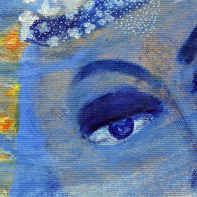 'Saint Intuition' - Pintura acrílica naif inspiradora azul firmada estirada