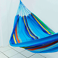 Cotton hammock, 'Sapphire Swing' (single) - Sapphire Cotton Single Hammock with Colorful Stripes