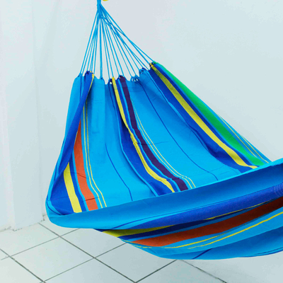 Cotton hammock, 'Sapphire Swing' (single) - Sapphire Cotton Single Hammock with Colorful Stripes