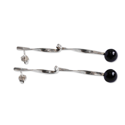 Agate drop earrings, 'Black Disco Ball' - Twisted Sterling Silver Drop Earrings with Black Agate Stone