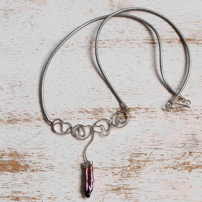 Cultured pearl pendant necklace, 'Fabulous in Burgundy' - Silver Pendant Necklace with Leather Cord and Cultured Pearl