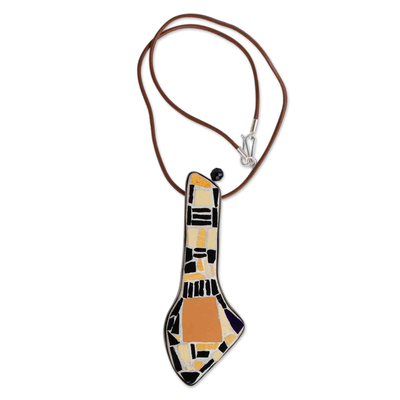 Onyx and ceramic pendant necklace, 'Lucky Fig' - Ceramic Mosaic Pendant Necklace with Onyx Silver & Leather