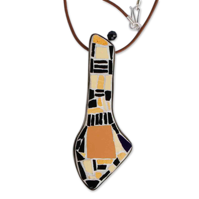 Onyx and ceramic pendant necklace, 'Lucky Fig' - Ceramic Mosaic Pendant Necklace with Onyx Silver & Leather