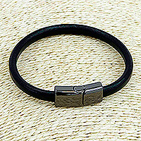 Leather wristband bracelet, 'Black Cosmopolitan'