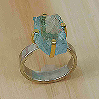 Gold-accented aquamarine single stone ring, 'Everlasting Spring' - 18k Gold-Accented Floral Single Stone Ring with Aquamarine