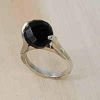 Agate cocktail ring, 'Midnight Orb' - Modern Sterling Silver Cocktail Ring with Agate Gemstone