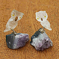 Gemstone figurines, 'Little Spiritual Feathers' (set of 2) - Set of 2 Handcrafted Quartz and Amethyst Owl Figurines