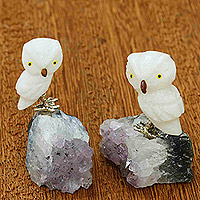 Dolomite and amethyst figurines, 'Little Serene Feathers' (set of 2) - Set of 2 Handcrafted Dolomite and Amethyst Owl Figurines