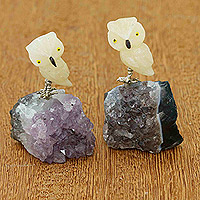 Gemstone figurines, 'Little Healing Feathers' (set of 2) - Set of 2 Handcrafted Calcite and Amethyst Owl Figurines