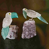 Quartz and amethyst figurines, 'Toucan Twosome' (pair) - 2 Quartz and Amethyst Toucan Figurines Handmade in Brazil