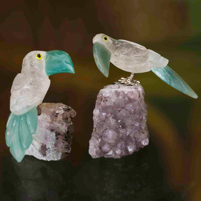 New! Beautiful Brazilian Crystal Birds-Quartz Crystal Carved Parrot on a  Beautiful Amethyst Crystal Base