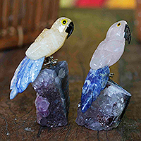 Multi-gemstone figurines, 'Macaw Twosome' (pair) - 2 Multi-Gemstone Macaw Figurines Handmade in Brazil
