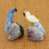 Multi-gemstone figurines, 'Petite Macaw Twosome' (pair) - Pair of Handmade Multi-Gemstone Macaw Figurines from Brazil