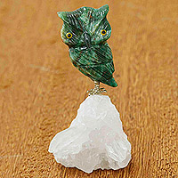 Gemstone figurine, 'Meditative Hoot' - Handcrafted Serpentinite and White Quartz Owl Figurine