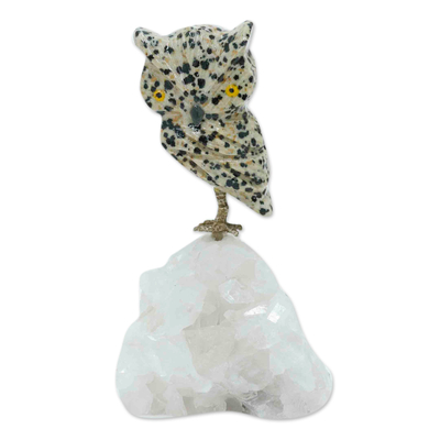 Gemstone figurine, 'Cheeky Hoot' - Handcrafted Dalmatian Jasper and White Quartz Owl Figurine