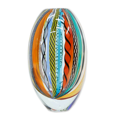 Jarrón de vidrio de arte soplado a mano - Jarrón de arte ovalado inspirado en Murano soplado a mano en una paleta vibrante