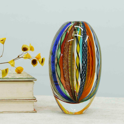 Handblown art glass vase, 'Carnival Cosmos' - Handblown Murano-Inspired Oval Art Vase in a Vibrant Palette