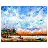 'Mar al atardecer' - Pintura al óleo impresionista estirada firmada de una vista del atardecer