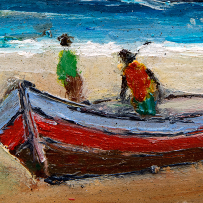 'Sea at Sunset' - Pintura al óleo impresionista estirada firmada de una vista del atardecer