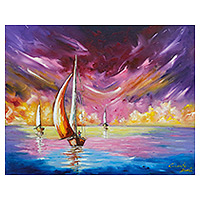 'Cielo y mar' - Pintura de paisaje marino al óleo colorida estirada firmada