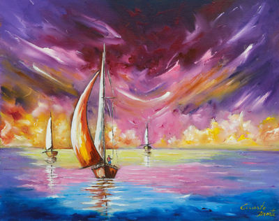'Sky and Sea' - Signed Stretched Colorful Oil Seascape Painting