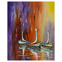 'Serenidad' - Pintura al óleo colorida estirada firmada de tres barcos