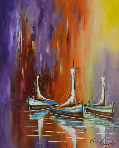 'Serenity' - Pintura al óleo colorida estirada firmada de tres barcos