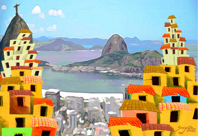 Giclee print on canvas, 'Favela and Sugarloaf Mountain' - Vibrant Impressionist Giclee Print of Rio de Janeiro