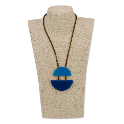Recycled fused glass and leather pendant necklace, 'Crescent in Blue' - Blue Recycled Fused Glass Pendant Necklace with Leather Cord