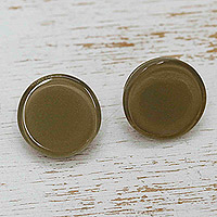 Recycled fused glass button earrings, 'Army Green' - Recycled Fused Glass Button Earrings in Army Green