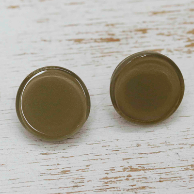 Recycled fused glass button earrings, 'Army Green' - Recycled Fused Glass Button Earrings in Army Green