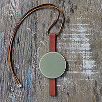 Recycled fused glass and leather pendant necklace, 'Army Green' - Green & Brown Recycled Art Glass & Leather Pendant Necklace