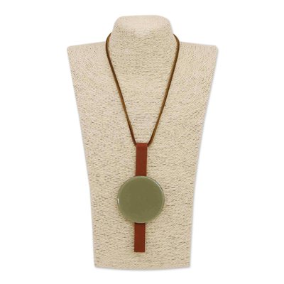 Recycled fused glass and leather pendant necklace, 'Army Green' - Green & Brown Recycled Art Glass & Leather Pendant Necklace