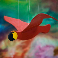 Wood sculpture, 'Flying Red Macaw' - Hand-Painted Wood Mobile of Red Macaw with Flapping Wings